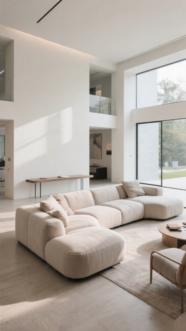 Wide shot from a corner angle: An open-concept space defined by a grand L-shaped sectional floated in the room, backed by a slim console table to zone the living area; chaise end inviting napping, optional rounded corner modules to soften boxy architecture, no extra chairs cluttering the scene; modern finishes, airy circulation, daylight washing across the arrangement, the sectional establishing a natural gathering spot.