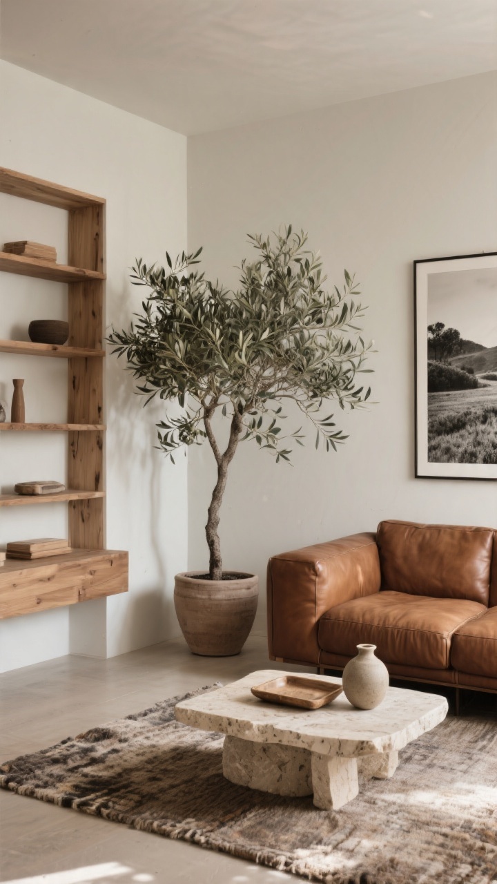 Wide shot from a corner: Nature-forward Scandinavian living room featuring a brown leather couch, a large olive tree in a simple pot, oak wall shelving, a travertine tray on the coffee table, a wool rug, and a stoneware vase. Minimal landscape or black-and-white photography on the wall. Materials feel matte and organic, no shiny plastics. Warm natural light highlights textures; serene, earthy mood. Photorealistic.