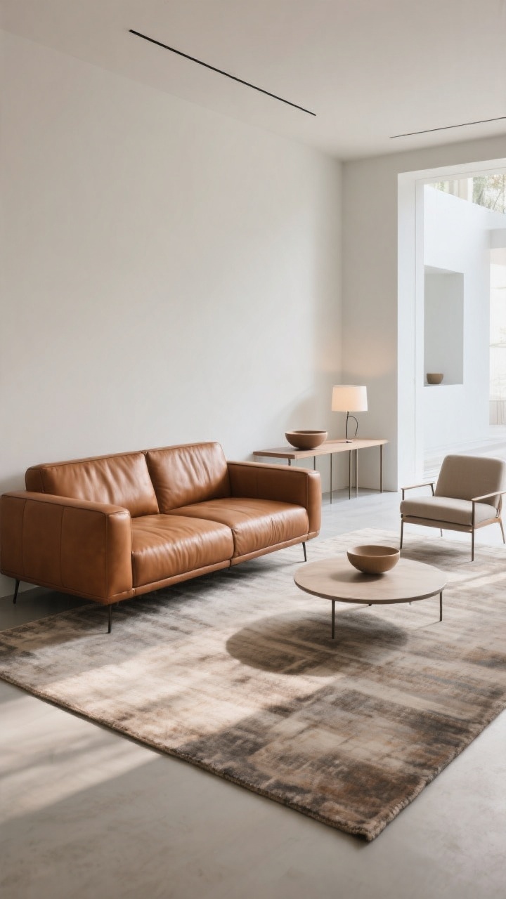 Wide shot from a diagonal corner: a floated cognac leather sofa creating generous negative space, anchored on a large rug with front legs on and back legs off. Behind the sofa, a slim, low console table with a cordless lamp and a single bowl; pair with two low-profile accent chairs to maintain clean sightlines. Consider a round coffee table to soften a boxy room, minimal accessories, airy walkway visible. Natural light, photorealistic, emphasizing silhouette and flow.