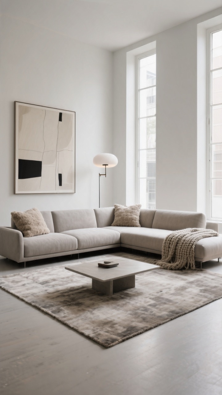 Wide shot, low-slung minimalist L-shaped sectional in neutral upholstery (cloudy gray or warm beige) with deep seats and ultra-low profile, positioned to keep sightlines open to tall windows and statement lighting; clean floors, large contemporary art on walls, entire sofa fully on a large 9x12 rug; styled with nubby boucle pillows and a chunky knit throw; paired with a low-profile coffee table; natural daylight streaming through high windows for a calm, gallery-like vibe; straight-on perspective, photorealistic.