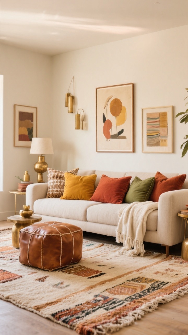 Wide shot of a cohesive boho color story: neutral sofa and large rug kept calm, with accents in camel, cream, terracotta, turmeric, rust, and olive via pillows, art, and throws; brass accents and cognac leather ottoman, ivory textiles softening the scene; walls in warm off-white, soft ambient lighting; the palette feels curated, not chaotic.