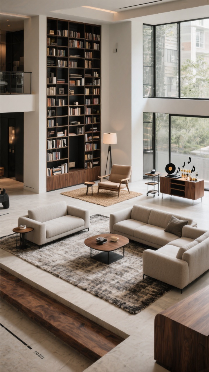 Wide shot of a large living room divided into intentional zones without walls: a sunken conversation pit with two facing sofas on a generous textured wool rug; a reading nook wrapped by a tall bookcase with a lounge chair and side table on its own jute rug; and a small music corner with a record console and bar cart sharing a third rug. Furniture floats away from walls with 30–36 inch walkways visible. Repeated materials—blackened metal accents and warm walnut wood—tie zones together. Natural daylight with soft ambient glow, hotel-lobby vibe with two sofas facing each other, no people, photorealistic.