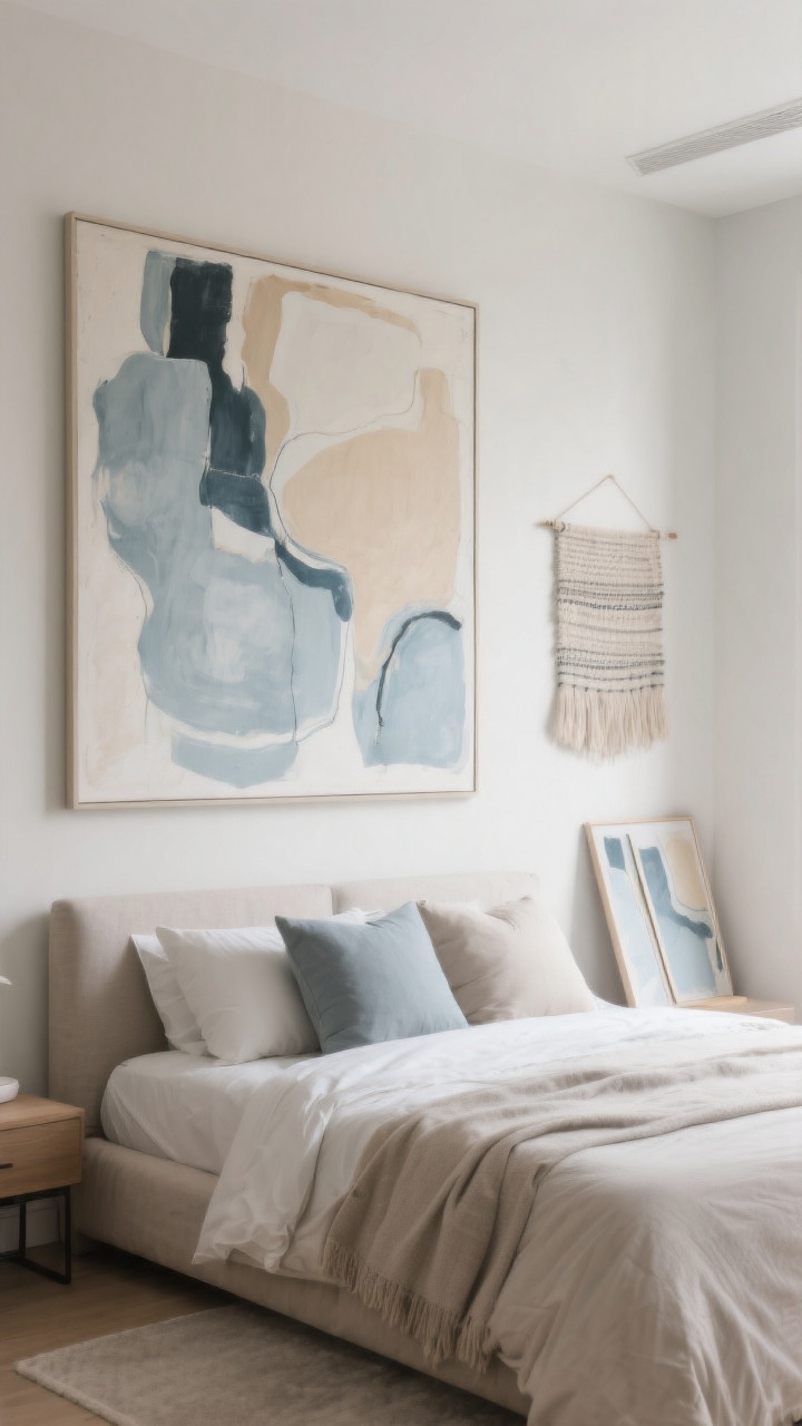 Wide shot of a serene bedroom with oversized art above the bed as the focal point. Show one large abstract artwork roughly two-thirds the width of a queen bed, in calming hues of soft blue-gray and warm sand. Optionally include a coordinating diptych leaning on an adjacent wall to hint at renter-friendly options. Bedding is neutral; throw pillows subtly echo two colors pulled from the art. Consider a textile wall hanging on a side wall to add acoustic softness. Even, diffused daylight; straight-on view; photorealistic.