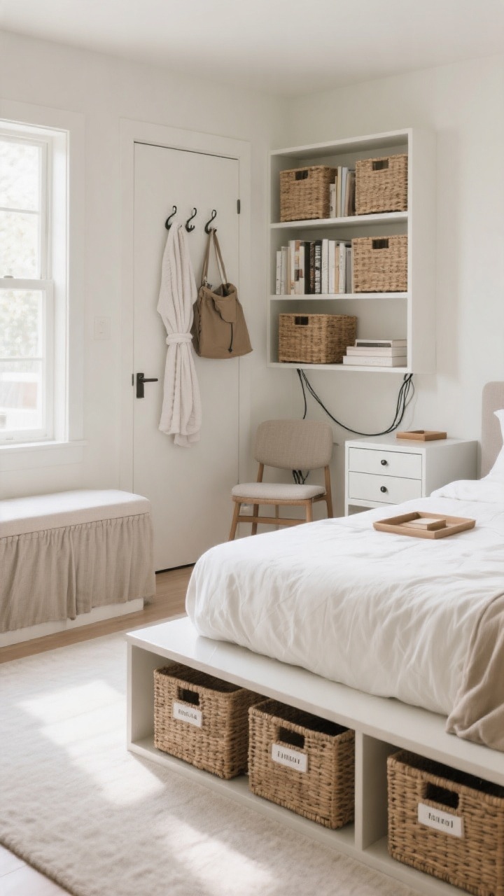 Wide shot of a tidy, elevated bedroom emphasizing smart storage and visual calm. Show low-profile, labeled under-bed bins partially visible beneath a neatly made bed; closed-drawer nightstands with a small tray on top to keep surfaces neat; over-the-door hooks holding a robe and a bag (no chair pile); and a bookshelf with matching woven baskets creating a uniform look. Cords are hidden using discreet clips and a fabric cover along the baseboard. Color palette is tightly controlled in soft neutrals for a styled feel. Bright, clean daylight; photorealistic.