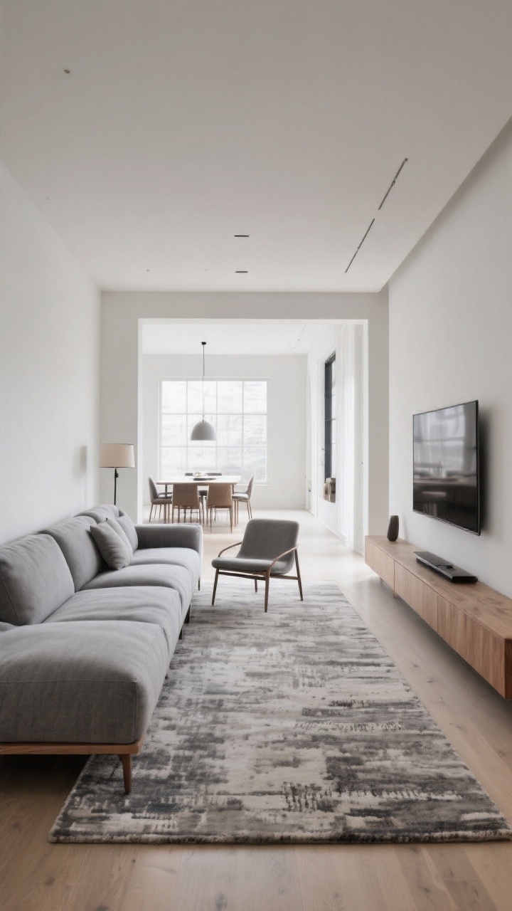 Wide shot, open concept living-dining space showing clear zones: a large sectional sofa floated off the wall, positioned perpendicular to a long, narrow room to visually shorten it; sofa angled toward a low-profile media console with a wall-mounted TV as focal point; an oversized rug large enough that the front legs of all seating (sofa and a slim accent chair) rest on it, clearly defining the living zone; a separate dining table and pendant visible beyond; natural daylight from large windows; clean lines, neutral palette with soft gray upholstery and warm wood tones; sightlines show “invisible walls” made by sofa placement, rug boundary, and a floor lamp marking the lounge area; no people, photorealistic.