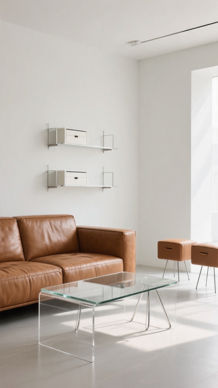 Wide shot showcasing slim-profile, see-through furniture: a cognac leather sofa paired with a glass or acrylic coffee table, open-base side tables on hairpin or pedestal legs revealing visible floor, wall-mounted floating shelves above the sofa for vertical storage, and a pair of compact storage ottomans; legs of all pieces clearly visible to maximize negative space; bright, even daylight for an airy feel, straight-on composition, photorealistic.