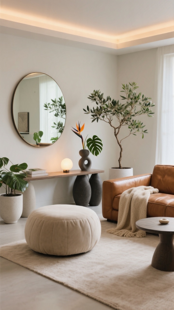 Wide shot, slightly overhead corner angle: A minimalist living room anchored by a cognac leather sofa, softened by organic shapes and greenery. A large round mirror over a console bounces natural light; a round or oval pouf adds curves near the seating zone. Planters are matte ceramic or concrete in off-white and charcoal with simple silhouettes, holding a sculptural olive tree or rubber plant and a bird of paradise for height and movement. A soft, drapey wool or cashmere throw in bone or mushroom is casually tossed on the sofa. Balanced layered lighting (overhead + floor + table) with dimmers set to a warm, relaxed glow; no visual clutter.