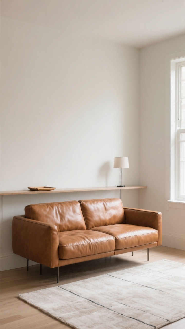 Wide shot, small living room with a cognac leather sofa floated 3–8 inches off a light neutral wall, slim narrow console table behind the sofa with a low-profile lamp and a small tray, thin rug pad under a light area rug, soft natural daylight from a side window creating depth and dimension; camera at straight-on eye level to show the intentional gap and airy flow, no people, photorealistic.