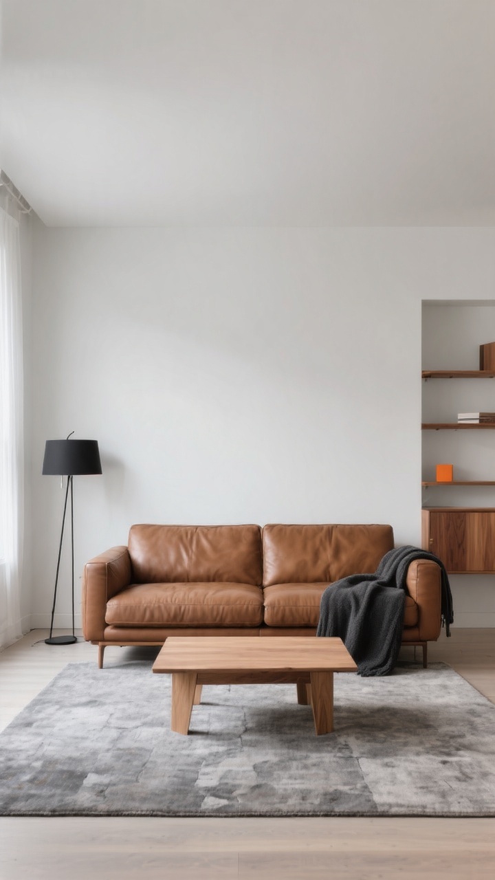 Wide shot, straight-on: A brown leather couch balanced by cool neutrals—soft white walls with a hint of gray/mushroom undertone, a stone-gray rug beneath the sofa, a matte black floor lamp, and a charcoal throw draped over an arm. Light-to-medium wood tones (ash/beech/oak) in the coffee table and shelving; no orange-toned cherry. Soft natural daylight keeps the room breathing and modern. Photorealistic, composed, and balanced.