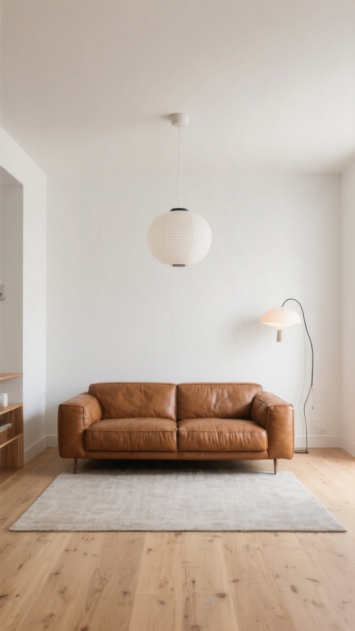 Wide shot, straight-on: A Scandinavian living room where a brown leather couch with soft edges and gentle patina anchors the space against crisp warm-white walls and blonde wood floors. Minimal decor, zero clutter. A pale greige area rug lifts the room, and clean-lined globe pendant plus a sculptural sconce layer soft, diffused lighting. Simple silhouettes, light oak accents, and a restrained palette of brown, white, soft wood, and a single subtle accent tone. Photorealistic, airy, calm, the couch is the clear focal point.
