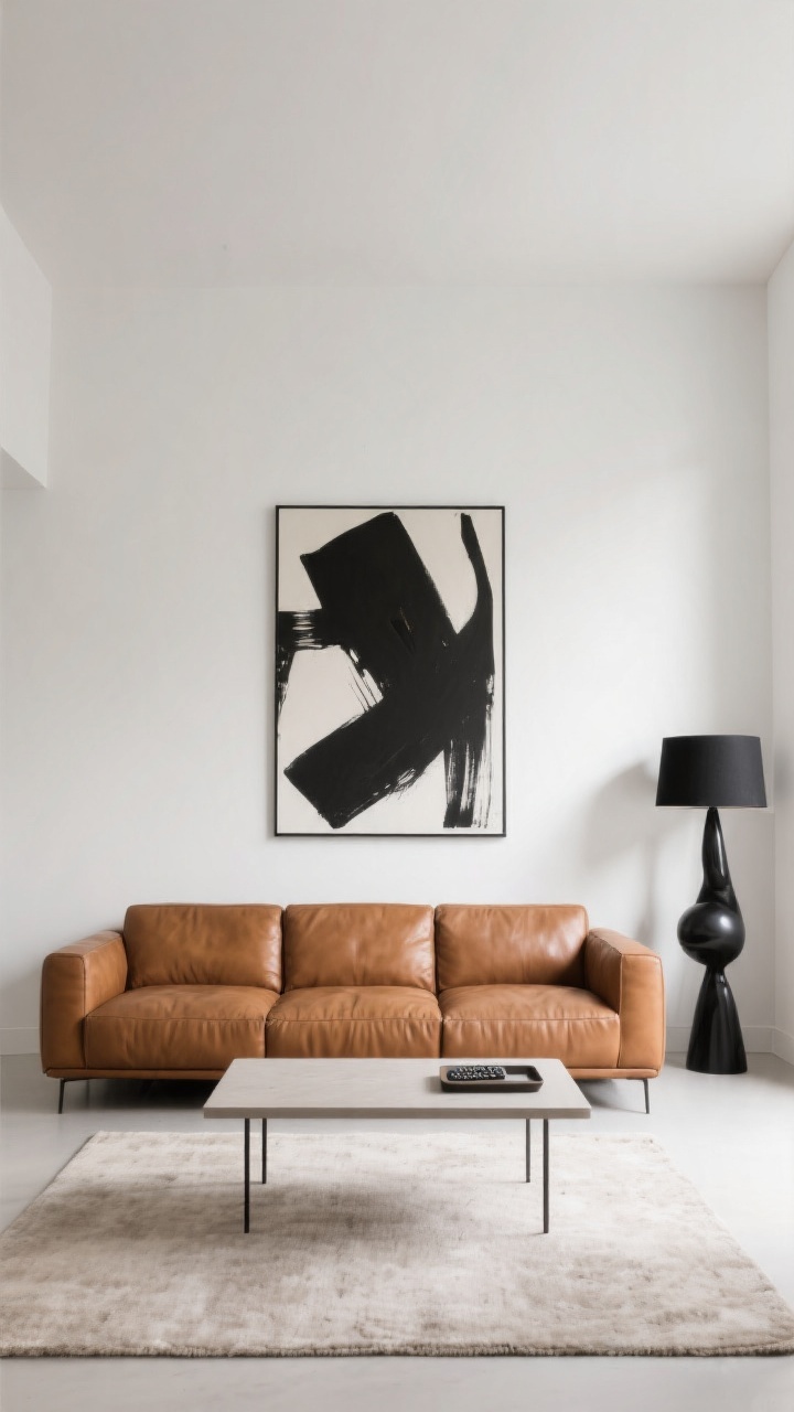 Wide shot, straight-on view: a minimalist living room edited to essentials featuring a cognac leather sofa pulled 10 inches off a white wall, a slim rectangular coffee table with thin legs, a low-pile neutral rug, and a single bold element—an oversized black-and-white abstract artwork centered above the sofa. Add a chunky matte-black sculptural floor lamp to one side, hidden remotes in a slim tray on the table, and clear breathing room with no clutter. Soft natural daylight, photorealistic, calm and intentional.