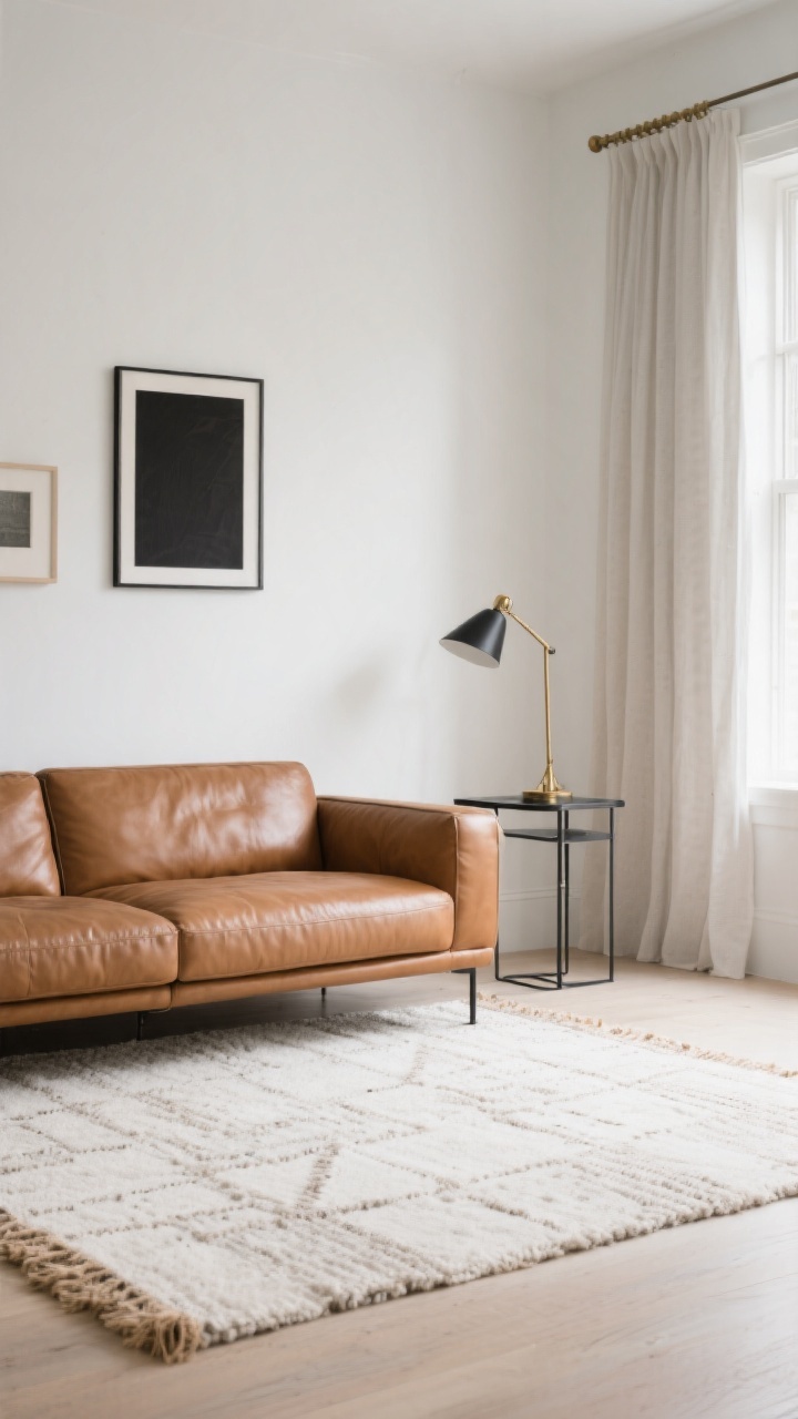 Wide shot, straight-on view: A minimalist living room featuring a cognac leather sofa centered against warm white walls (Swiss Coffee or White Dove), with a pale greige accent tone (Accessible Beige) subtly present on adjacent wall trim. A low-contrast textured wool-jute blend rug in soft ivory spans the floor; patterns are micro and tonal. One anchor accent in deep charcoal appears via slim picture frames and a sleek blackened steel side table with a matte black reading lamp. Metal finishes are consistent—aged brass or blackened steel only—applied to lamp details and a slender curtain rod. Natural daylight fills the space, highlighting the cognac sofa’s warm glow within a calm palette of soft whites, warm greiges, and dusty taupes.