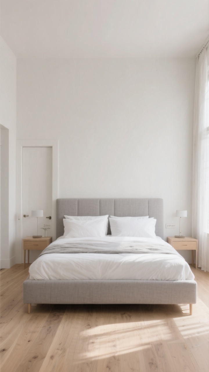 Wide shot, straight-on view of a calm bedroom where the bed is centered on a solid wall opposite the doorway; symmetrical nightstands and clear 24–36 inch walkways on both sides act like “runways.” Use a slim, upholstered low-profile headboard in soft linen to keep a nearby window wall feeling open and bright. Palette: warm whites, light oak floors, soft gray bedding with crisp white sheets. Natural morning light streams through sheer curtains, no bulky furniture near the bed; minimal decor for instant calm.