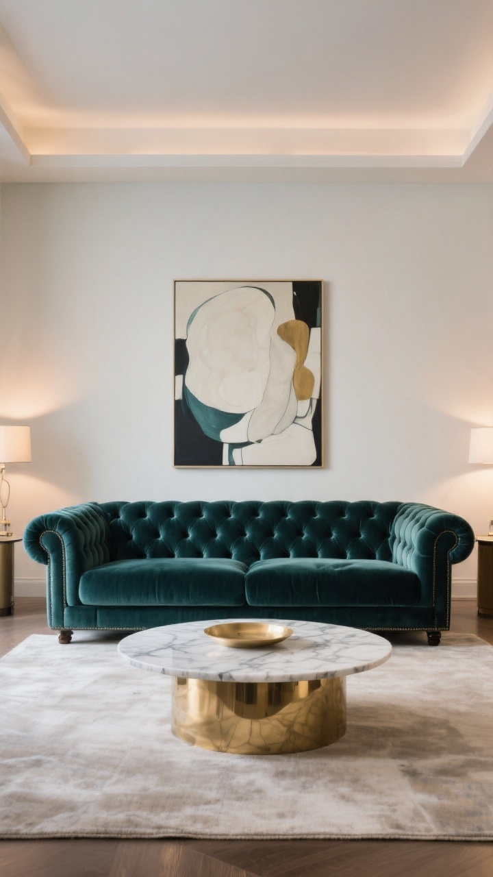 Wide shot, straight-on view of a large living room anchored by a modern velvet Chesterfield sofa with classic button tufting, rolled arms, and deep seats in emerald or navy velvet; low back elongating the space without blocking sightlines. Pair with a polished marble and brass coffee table, oversized contemporary art on the wall for intentional scale, and a neutral rug. Soft, warm ambient lighting to catch the velvet’s sheen; photorealistic texture detail on tufting and brass reflections.