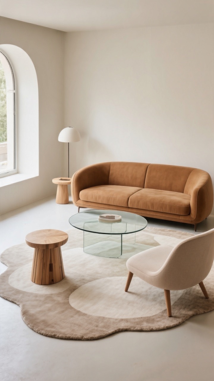 Wide shot with airy perspective: an organic modern layout around a clean-lined cognac sofa, contrasted with curves—a round light-wood side table, a drum stool, and a softly curved accent chair; a glass coffee table keeps the composition light; clear negative space with about 18 inches between sofa and coffee table; an organic-shaped rug with subtle irregular edges adds movement; calm boutique-hotel vibe, soft natural light, photorealistic.