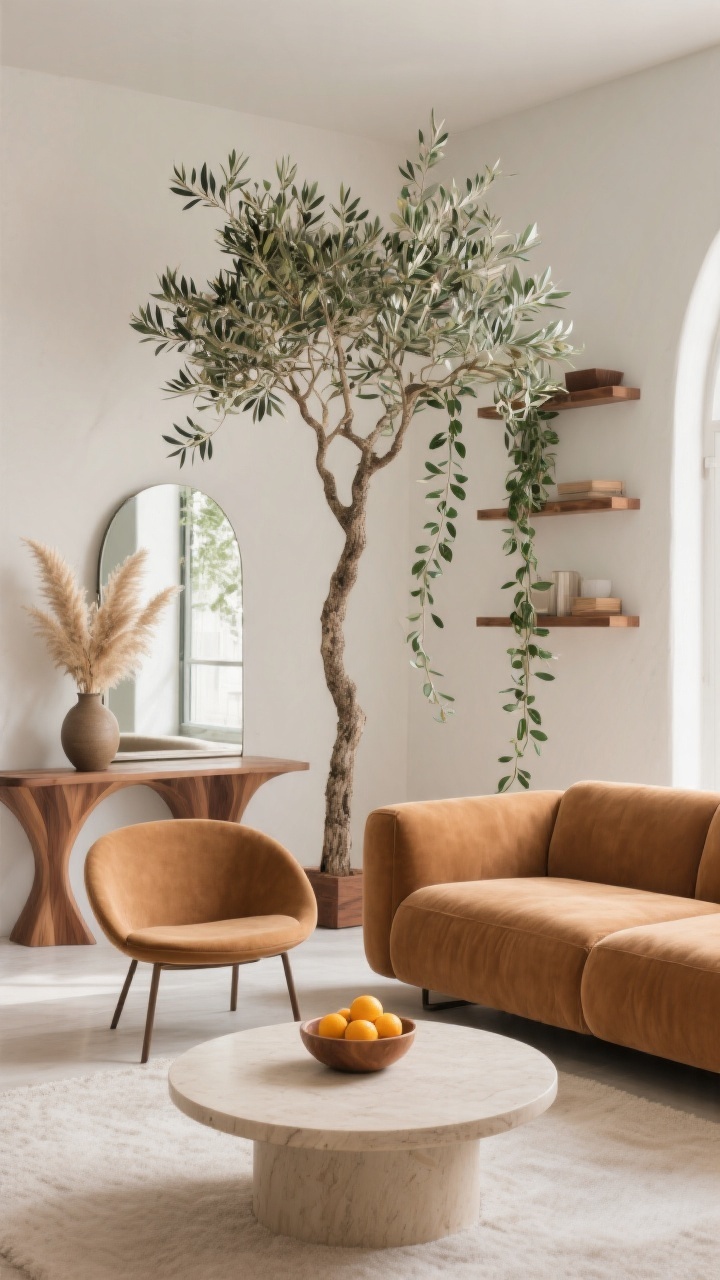Wide shot with organic flow: a neutral living room where an olive tree stands beside the cognac sofa, trailing pothos softens walnut shelves, and a vase of dried pampas on a console; curvy silhouettes include a rounded accent chair and a round/oval coffee table; an arched floor mirror bounces light; a simple bowl of citrus on the table adds a warm pop; gentle daylight, airy and fresh; photorealistic.