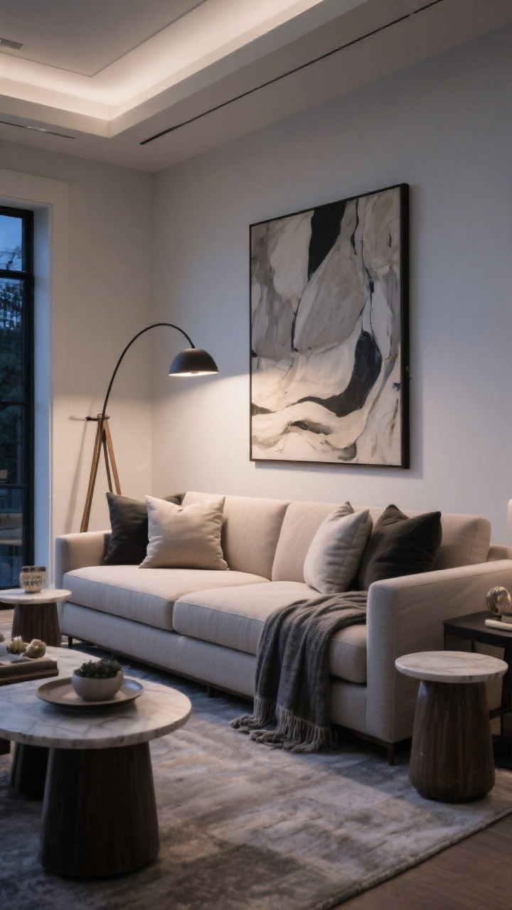 Wide shot with perimeter focus: A large sofa framed by scaled-up accents—one oversized art piece centered above it, an arc or tripod floor lamp adding height and drama without eating floor space, and substantial side tables around 20–24 inches diameter matching the sofa arm height; throws and 20–24 inch pillows in a tight, cohesive palette; clutter-free styling with clean lines, balanced proportions, and ambient evening glow.