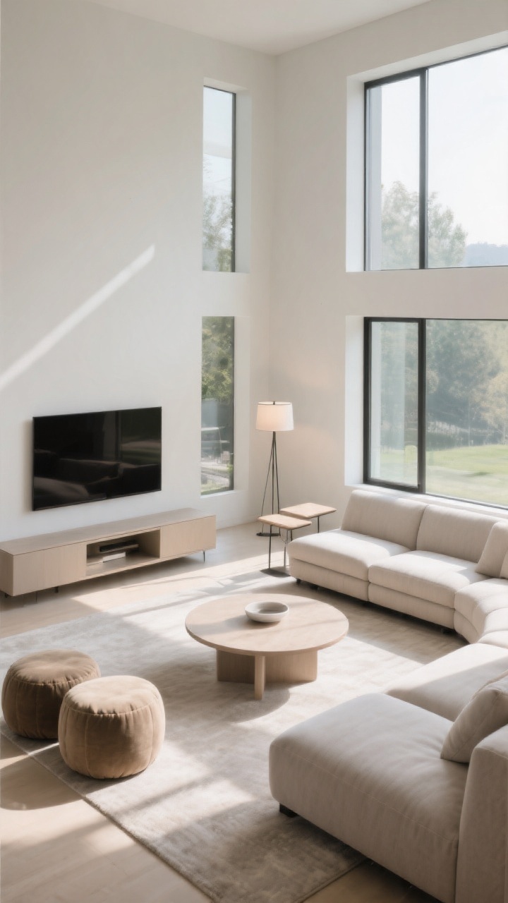 Wide, slightly elevated angle of a sectional treated like architecture: the open side faces large windows as the room’s feature; a round or oval coffee table breaks up right angles; a low-profile media unit keeps sightlines airy; a floor lamp tucked in the sectional’s inner corner, with a slim corner table option; bench and two poufs opposite the open side for extra perches; show possibility of chaise orientation that doesn’t block flow; calm, sunlit space emphasizing shapes and heights; no people