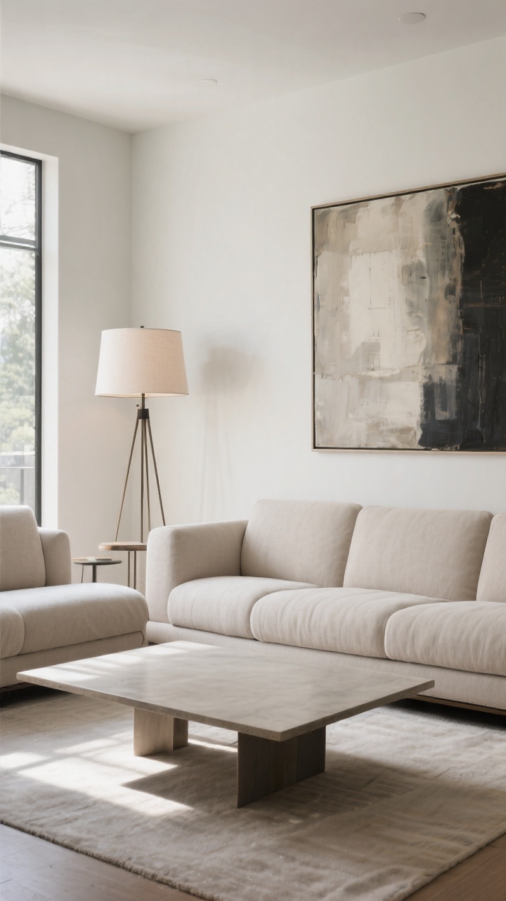 Wide, straight-on composition showcasing balanced scale: a large neutral oversized sofa paired with a substantial coffee table approximately two-thirds the sofa length, tall floor lamp (65–72 inches) with a wide shade balancing the visual weight, and one oversized art piece hung at eye level; few, larger objects only for a minimalist, editorial feel; even, bright natural light.