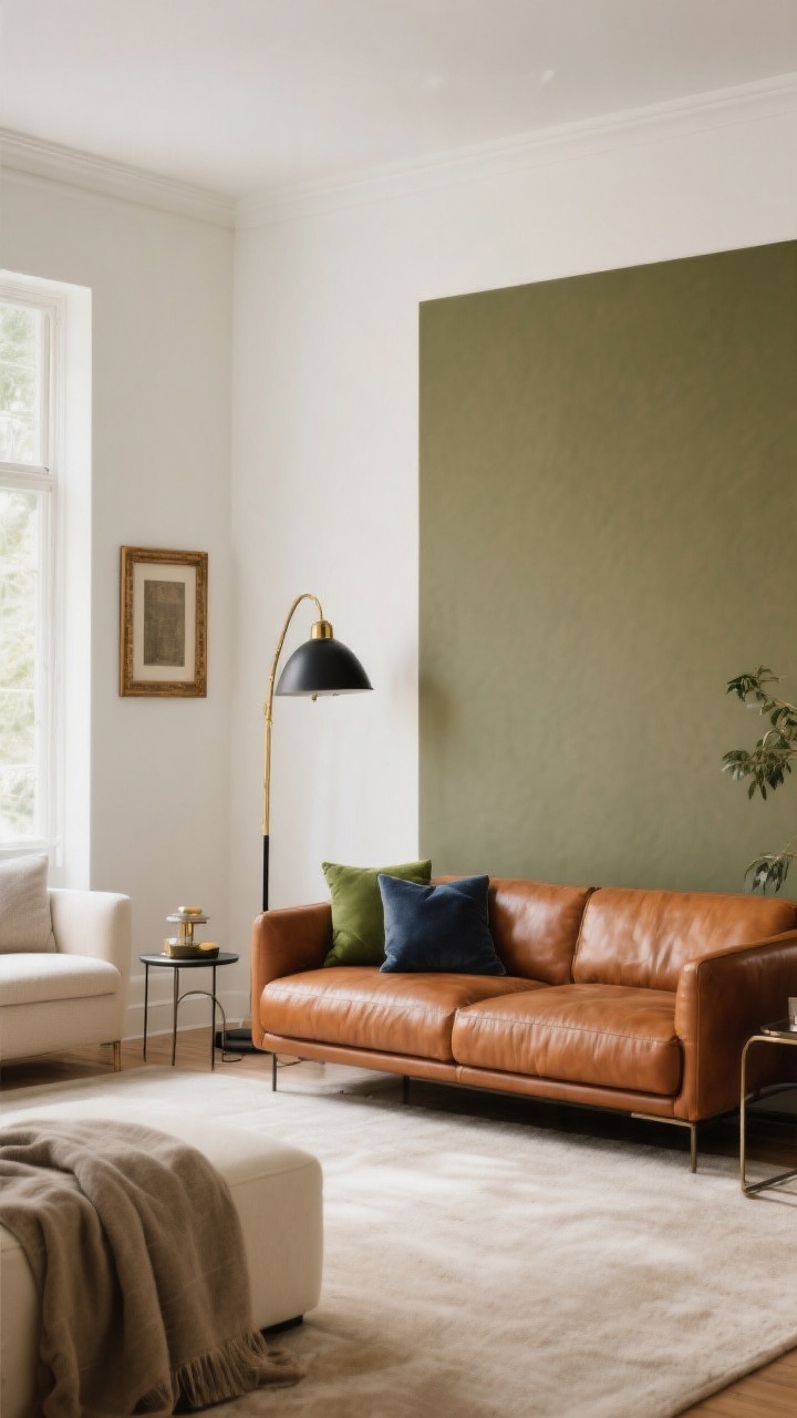 Wide, straight-on living room anchored by a cognac chestnut leather sofa against warm white walls (Swiss Coffee/Alabaster), with a single muted olive accent wall. Palette features warm neutrals: cream, oatmeal, mushroom, taupe textiles; cool accents in moss green and slate/inky blue pillows. Metal accents limited to aged brass and blackened steel (no chrome). Natural daylight, soft and balanced. Avoid bright oranges; add contrast with a blackened steel floor lamp and aged brass picture frame. Photorealistic, cozy-not-muddy mood.