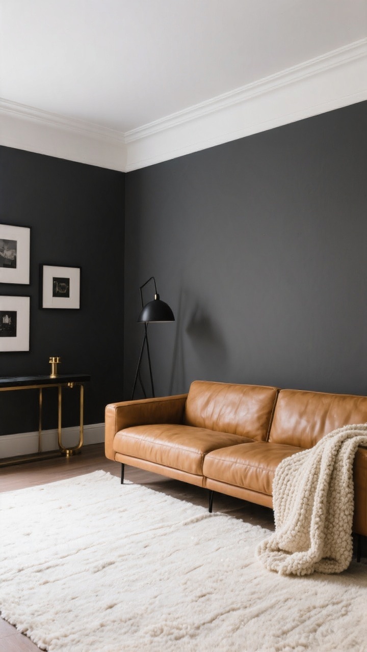 Wide straight-on living room shot: a camel leather couch against deep charcoal gray matte walls, crisp white ceiling and trim, light cream rug anchoring the space, black metal floor lamp and slim black gallery frames, subtle brass hardware on a nearby console, a cream bouclé throw draped over the couch arm. Soft, even ambient lighting to enhance contrast; editorial yet cozy mood, no people.