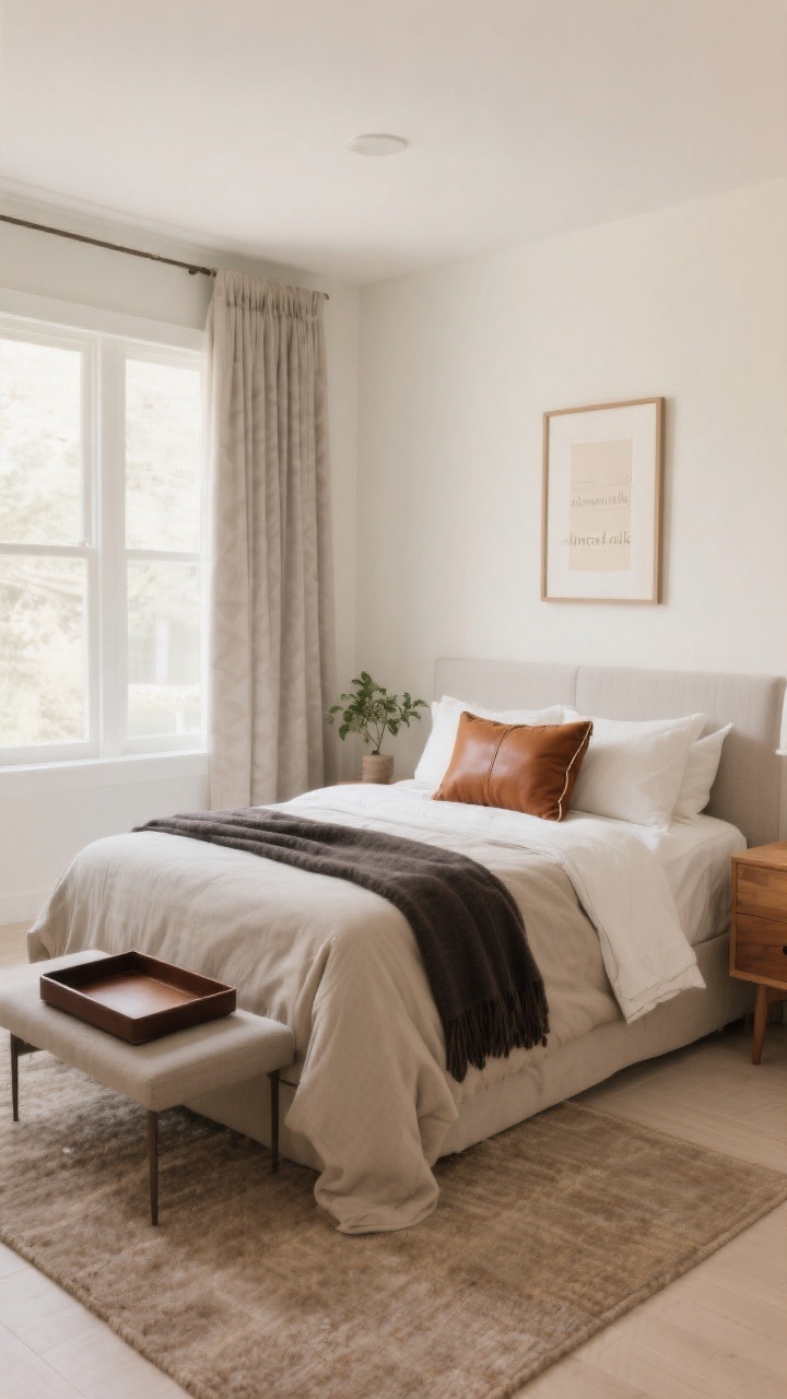 Wide straight-on room shot: A serene warm-neutral bedroom with creamy white “almond milk” walls, greige curtains and a soft taupe area rug, bedding in layered warm beige and greige; caramel and cognac accents in a lumbar pillow and leather-trimmed tray; a single warm charcoal throw and an espresso-toned picture frame providing subtle contrast; mid-tone oak furniture and a small plant adding life; soft filtered daylight, calm and cohesive palette; no people, photorealistic.