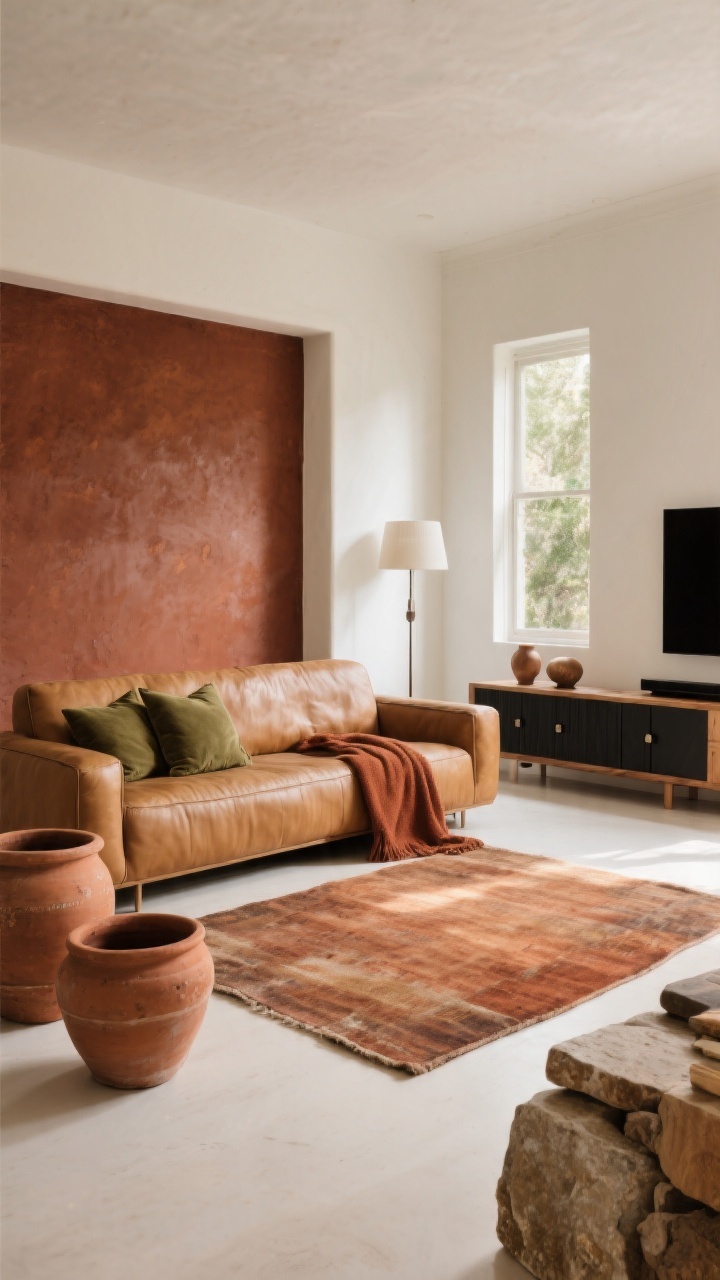 Wide straight-on room shot: a warm white living room with creamy undertones on the walls, a moody clay accent wall behind a camel leather sofa, large mushroom-toned area rug, layered wood tones and stone accents; terracotta pots with olive-colored pillows on the sofa and a rust throw, plus matte black hardware on a media console. Color palette follows 60/30/10: base of warm white and beige, secondary of leather and natural wood, accents in terracotta, olive, rust, and hints of charcoal. Gentle afternoon light for a sun-baked, lived-in feel. No people.