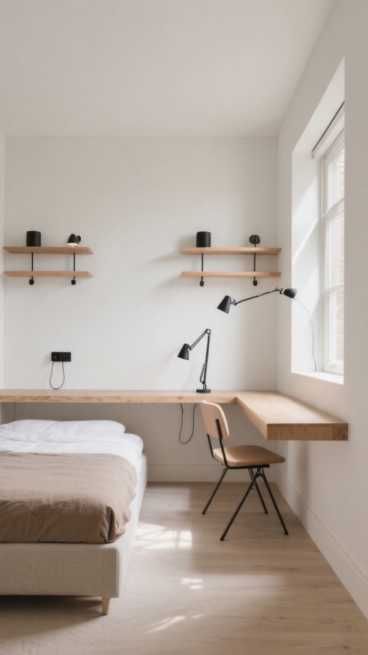 Wide, straight-on shot of a compact bedroom with wall-mounted nightstands and floating shelves aligned at the same height on both sides of a low bed; plug-in swing-arm sconces replace table lamps; a slim floating desk spans one wall with a foldable chair tucked beneath; neutral palette of soft whites and warm taupes, light oak wood accents, matte black sconce hardware; clean, uncluttered floor and baseboards visible for airy feel; soft natural daylight from a side window, crisp shadows; photorealistic, no people