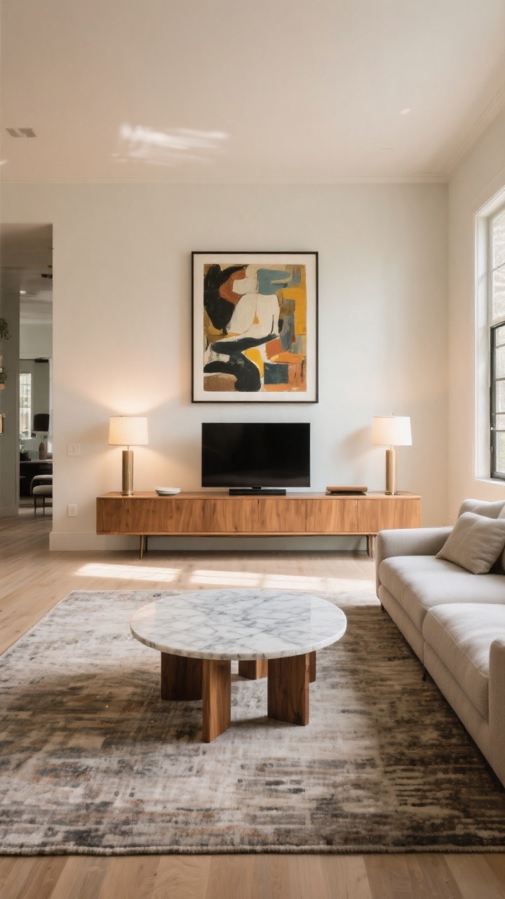 Wide, straight-on shot of a living room anchored by a bold focal point: a low media console with a large framed art piece above it, centered directly opposite a large sofa aligned to the art, with an 8x10 substantial rug under the sofa’s front legs; include a statement coffee table (choose round marble for flow or rectangular wood for order) bridging the gap; TV option shown with screen center at seated eye level (42–48 inches); warm, natural daylight and soft lamp glow; cohesive, grounded mood with clear alignment rather than perfect symmetry; no people