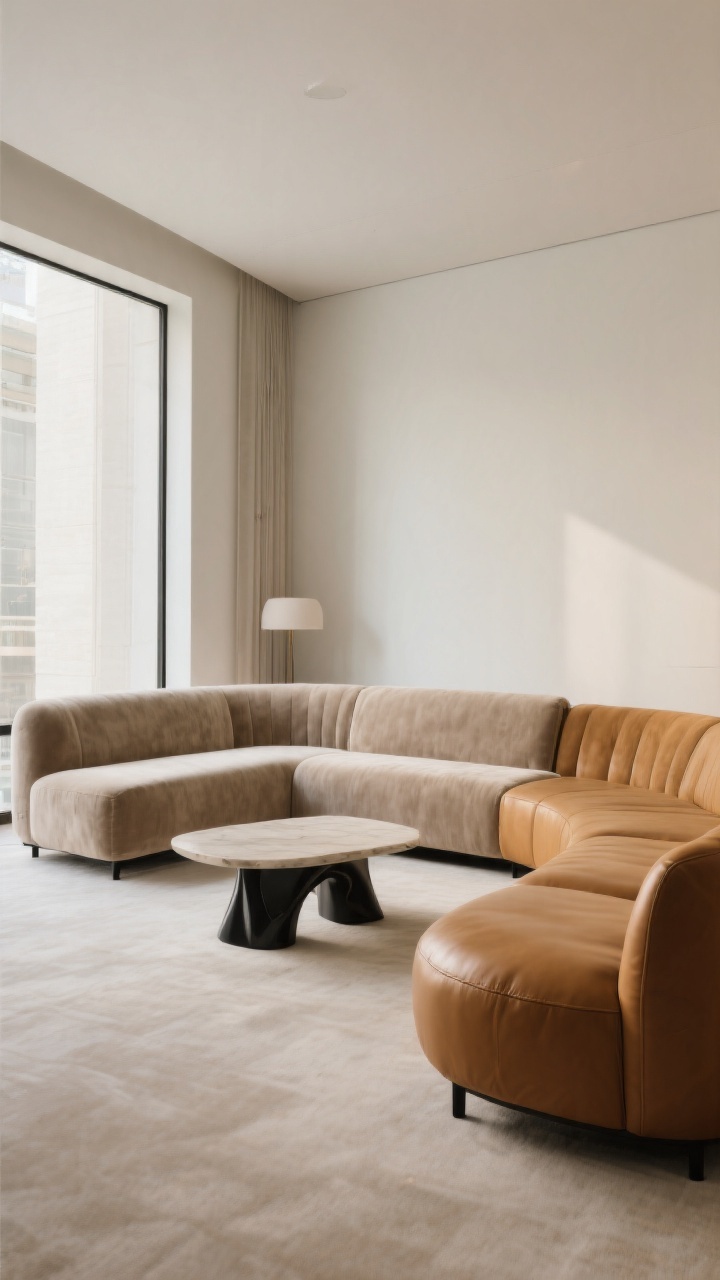 Wide, straight-on shot of a luxury living room framed by a show-stopping modern sectional: choose one setup—A) low-slung U-shape performance velvet in warm greige with exposed slim black metal legs for an airy feel, B) low-profile L-shape linen blend with sculptural plinth base for a grounded vibe, or C) curved buttery cognac leather sectional creating instant architecture. Float the sectional off the walls to define zones; include a coffee table roughly two-thirds the sectional length; generous negative space around. Clean lines, luxe fabric texture visible, neutral walls, soft daylight, boutique-hotel energy. No people.