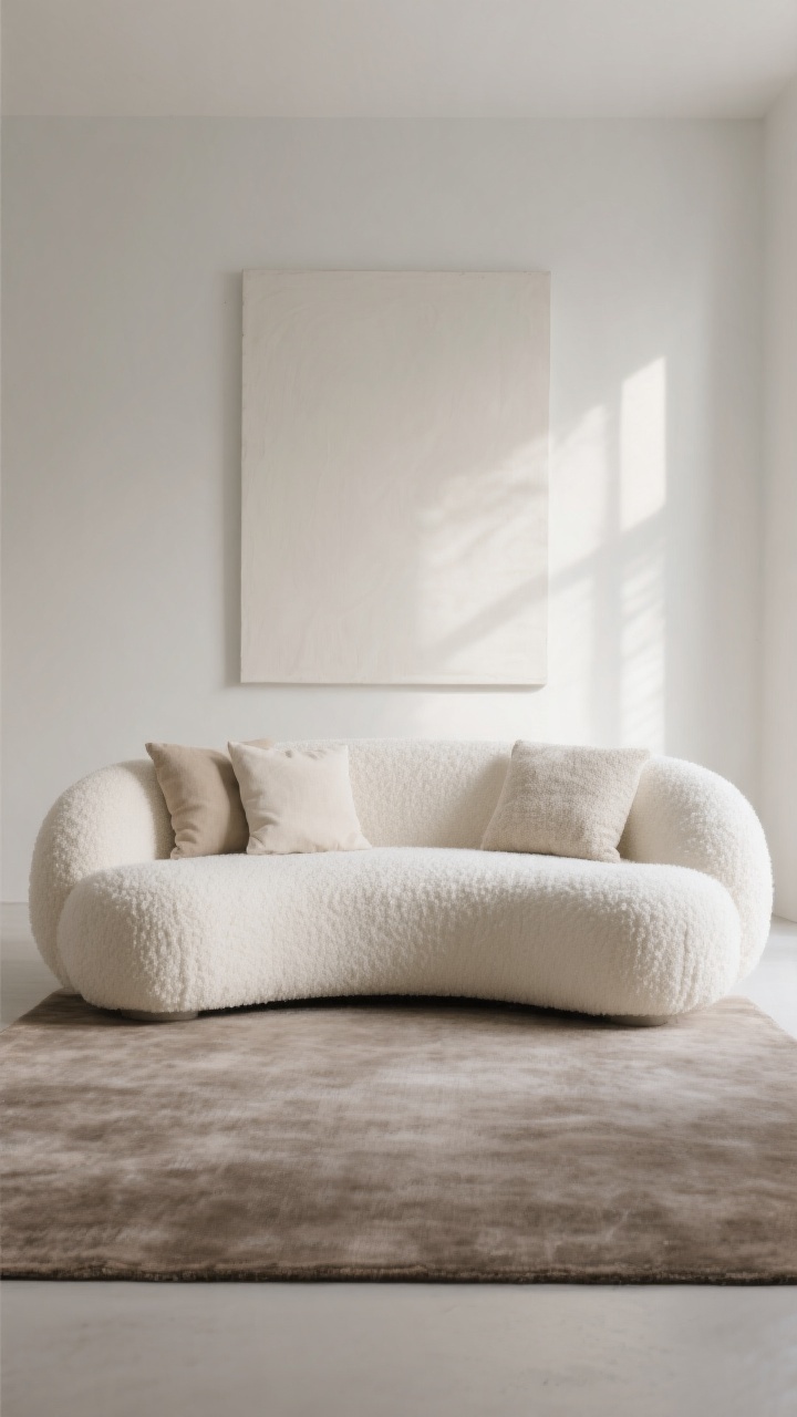 Wide, straight-on shot of a minimalist living room centered on an oversized plush sofa in warm white bouclé, with a tone-on-tone rug one shade darker under it, two to three pillows in the same neutral palette but varied textures (linen, brushed cotton), and a large minimal canvas above; soft natural daylight, restrained monochrome palette, subtle shadows that highlight the sofa’s sculptural silhouette and tactile textures.