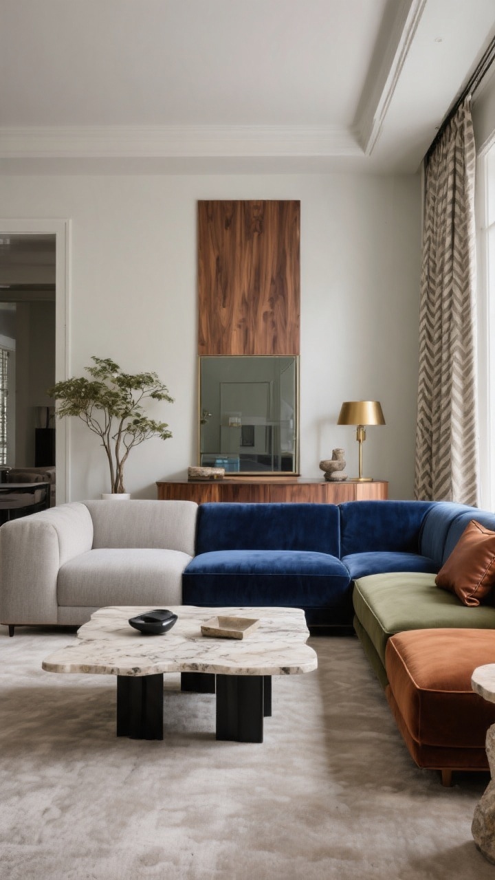 Wide straight-on shot showcasing a decisive color strategy—choose one palette and commit: A) Monochrome Luxe with greige sectional, layered creams/taupes/warm grays, oak wood accents, a travertine coffee table, and matte black hardware; B) Jewel Drama with a sapphire velvet sectional, brass lighting, walnut wood tones, and a smoked-glass table element; or C) Earthy Calm with an olive or rust sectional, linen drapes, cognac leather accents, and stone accessories. Keep patterns minimal (stripes, herringbone, or small-scale geometrics) and let the sectional silhouette stand out. Balanced daylight, refined calm.