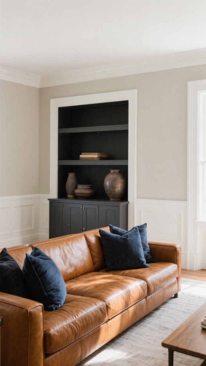 Wide, straight-on view: Living room with creamy white to warm greige walls and crisp white trim, a cognac couch popping against the neutral backdrop; moody accents in charcoal and slate blue on pillows, pottery, and a painted cabinet; a deep charcoal accent at the back of built-in shelves for drama; soft, diffuse daylight to enhance the warm caramel leather without harsh glare.