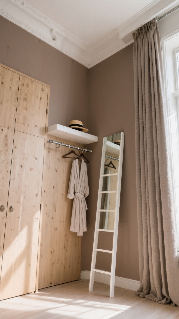 Wide, upward-leaning perspective showcasing tall, door-front wardrobes and a ladder-style shelf, plus ceiling-high curtains mounted just below the ceiling and kissing the floor; a floor-to-ceiling mirror opposite a window reflecting light; over-door racks with a hat and robe; palette of warm taupe walls, light wood wardrobe, matte white ladder shelf, brushed metal curtain rod; bright natural daylight amplifying vertical lines; photorealistic, no people