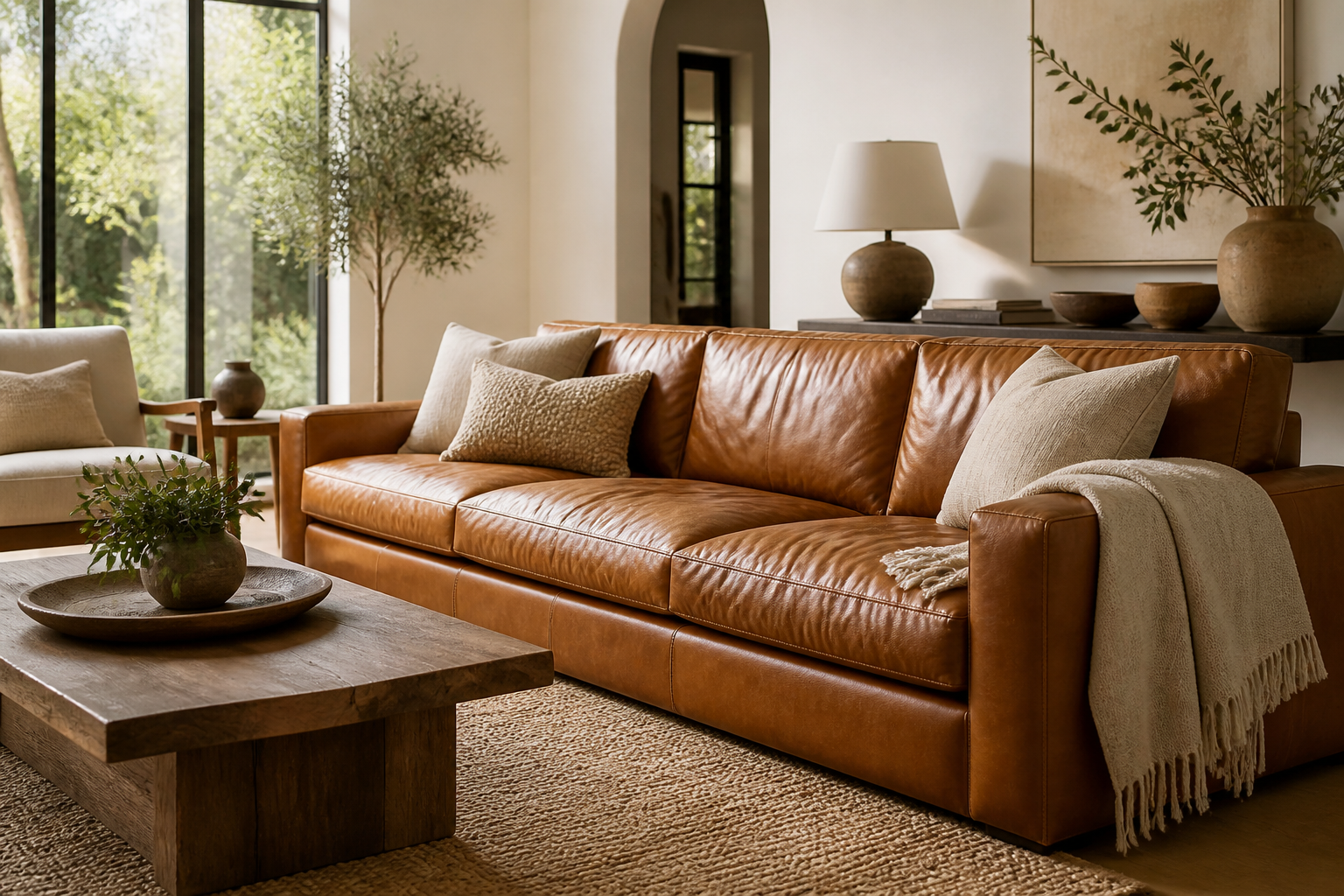 11 Modern Living Room Featuring Cognac Leather Sofa Idea: Chic Warmth