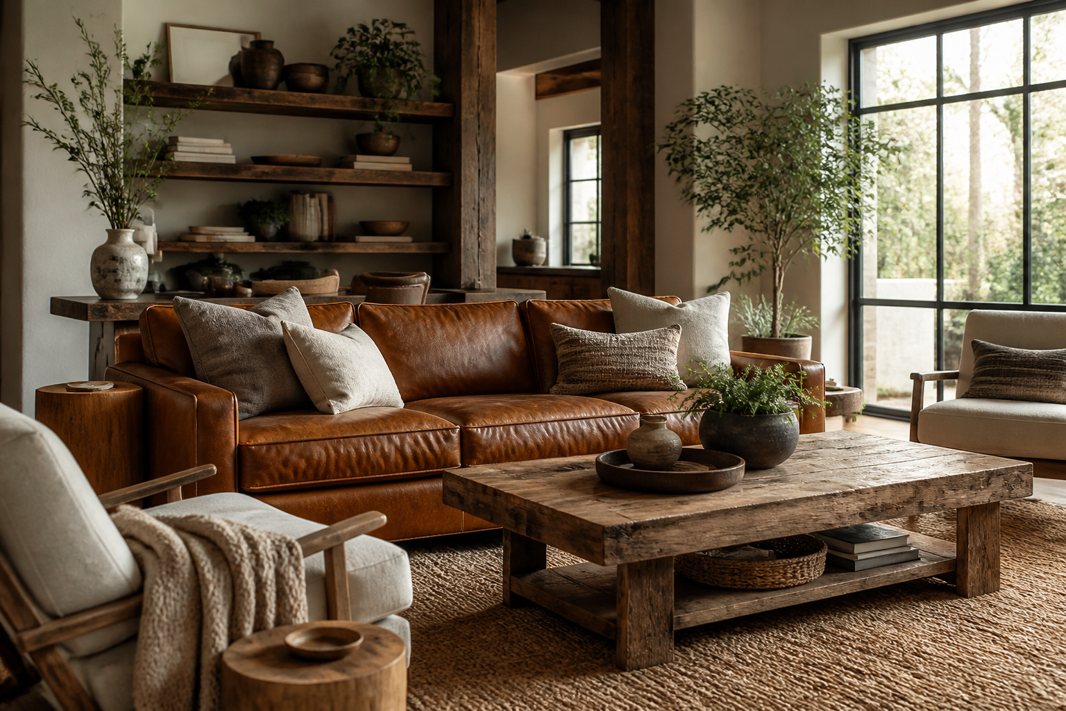 11 Modern Rustic Living Room Ideas with Cognac Leather Sofa That Wow